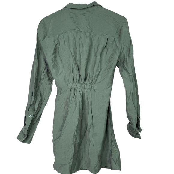 Zara Long Sleeve Tunic Wrap Style Mini Dress Collard V Neck Button M Olive Green - Picture 13 of 15
